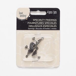 Earstud 1pkg4 "pewter" (zinc-based alloy), 17x12mm textured rounded triangle / closed loop / earnuts, gunmetal-finished 2 pair