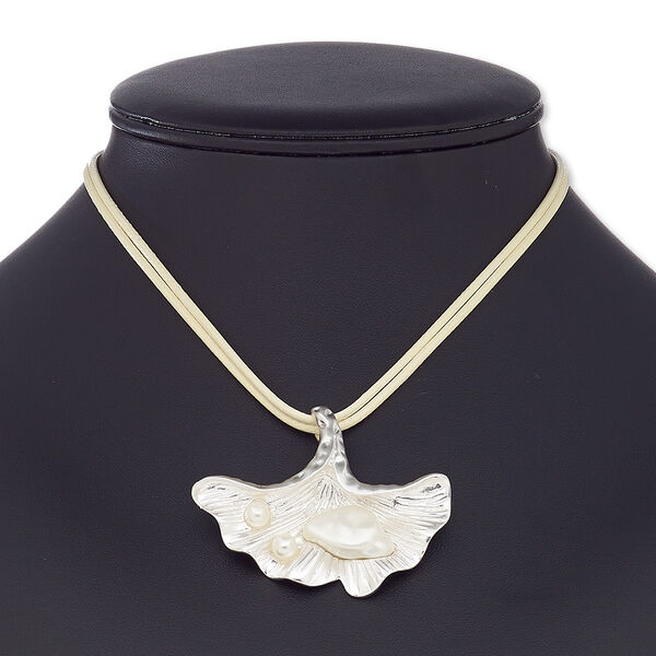 Necklace, plastic / resin / waxed cotton cord / silver-coated plastic / silver-finished steel / "pewter" (zinc-based alloy), cream and white, 58x48mm ginkgo leaf, 16 inches with 2-1/2 inch extender chain and lobster claw clasp. Sold individually. image number 0