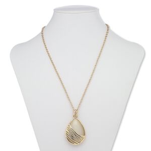 Necklace, glass rhinestone / cat's eye glass / gold-finished steel / "pewter" (zinc-based alloy), white and clear, 46x33mm teardrop, 29 inches with 3-inch extender chain and lobster claw clasp. Sold individually.