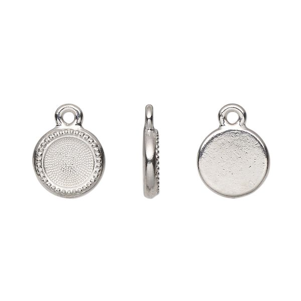 Drop, TierraCast®, Almost Instant Jewelry®, white bronze-plated pewter (tin-based alloy), 10mm round with beaded edge and SS34 round glue-in setting (2088). Sold per pkg of 2. image number 0