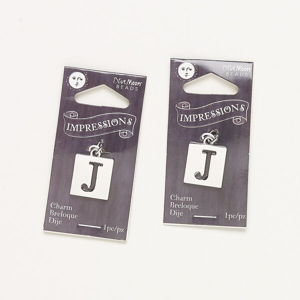 Drop, silver-finished "pewter" (zinc-based alloy) and steel, 16x15mm flat square with cutout alphabet letter "J." Sold per pkg of 2. image number 0