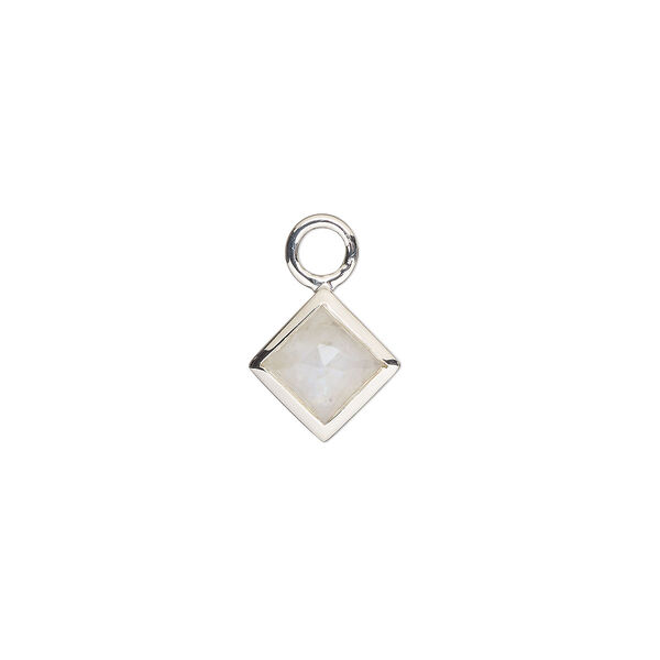 Drop, sterling silver and rainbow moonstone (natural), 10mm hand-cut faceted diamond, B- grade, Mohs hardness 6 to 6-1/2. Sold individually. image number 0