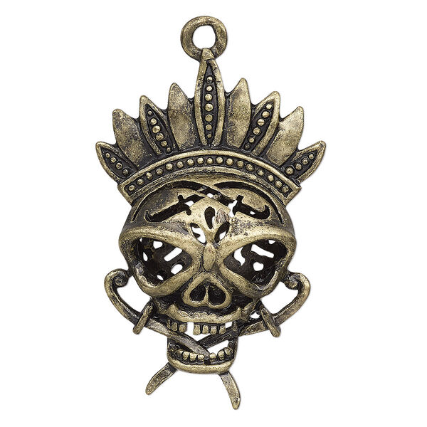 Focal, antique brass-plated "pewter" (zinc-based alloy), 45x29mm 3D skull. Sold individually. image number 0