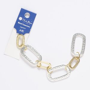 Component, gold- / silver-finished "pewter" (zinc-based alloy) / steel, (3) 37x22mm and (3) 21x13mm rounded textured rectangle. Sold per pkg of 6.