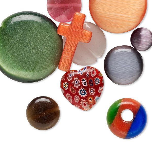 Bead and component mix, glass / millefiori glass / cat's eye glass (fiber optic glass), mixed colors, 8-24mm mixed shape. Sold per pkg of 10. image number 0