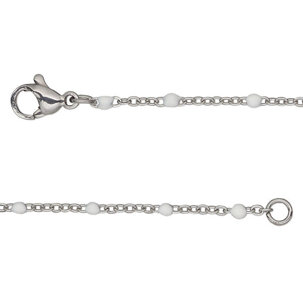Chain, stainless steel and enamel, white, 1.7mm flat cable with 2mm ball, 16 inches with lobster claw clasp. Sold individually. image number 0