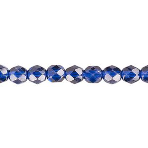 Bead, Czech fire-polished dipped décor glass, translucent cobalt, 6mm faceted round. Sold per 15-1/2" to 16" strand.