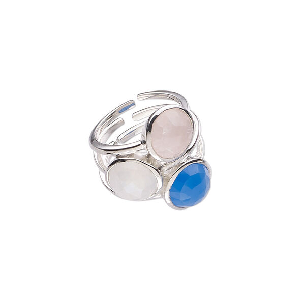 Ring, sterling silver / rainbow moonstone / blue chalcedony (natural / dyed), 24.5mm wide, size 8. Sold individually. image number 0