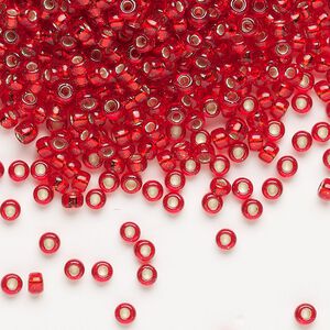 Seed bead, Miyuki, glass, pkg/50g, #8 rocaille, transparent silver-lined flame red, (RR-10).