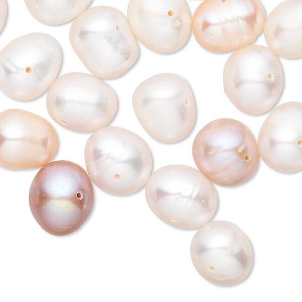 Pearl mix, cultured freshwater (natural / bleached), white / mauve / peach, 8-10mm semi-round, C- grade, Mohs hardness 2-1/2 to 4. Sold per pkg of 18. image number 0
