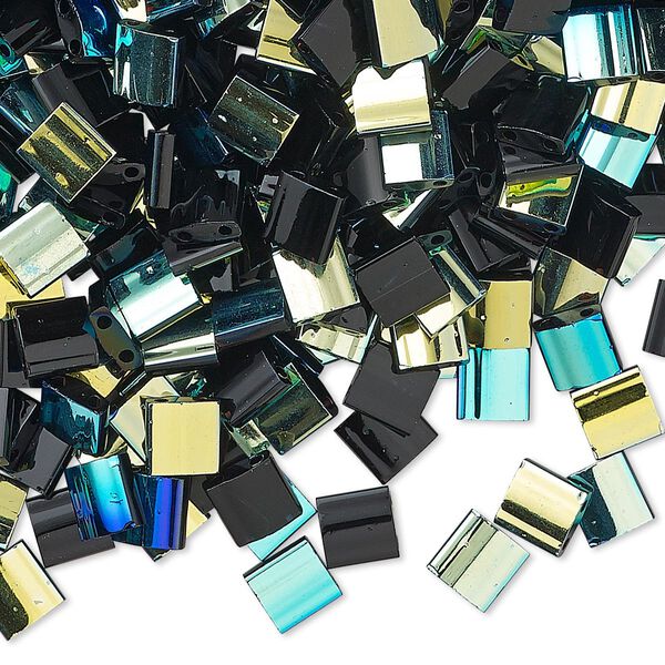 Seed bead, TILA®, glass, pkg/40g, 5mm full tila square, opaque rainbow jet, (TL-4555). image number 0
