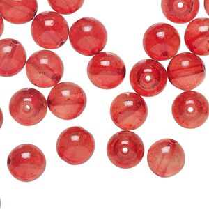 Bead 1pkg50 Czech dipped décor glass druk, red, 8mm round.