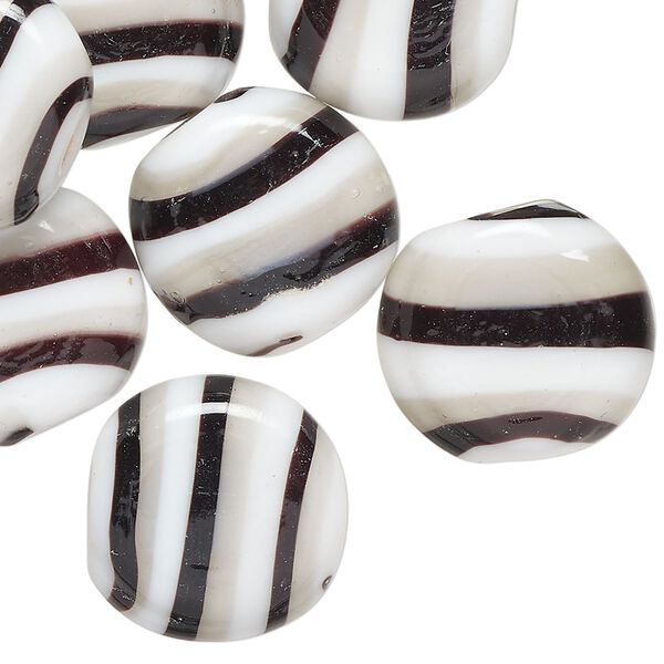 Bead, lampworked glass, opaque black / grey / white, 17mm flat round. Sold per pkg of 10. image number 0