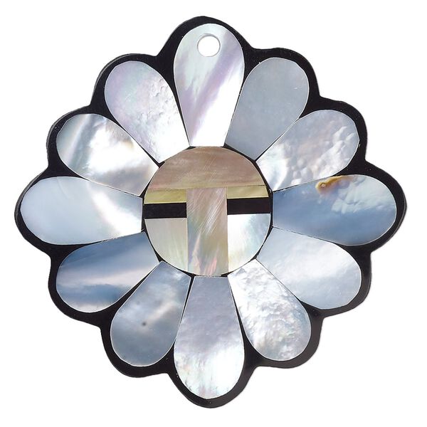 Focal, multi-shell (assembled) and resin, multicolored, 40-42mm single-sided flat flower. Sold individually. image number 0