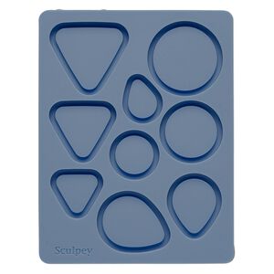 Mold, Sculpey®, silicone, blue, 5x3-3/4 inches with 25x20mm-39mm round / triangle / teardrop bezel. Sold individually.