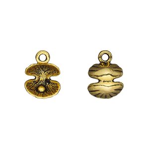 Charm, antique gold-finished "pewter" (zinc-based alloy), 10.5mm 3D clam shell. Sold per pkg of 2.