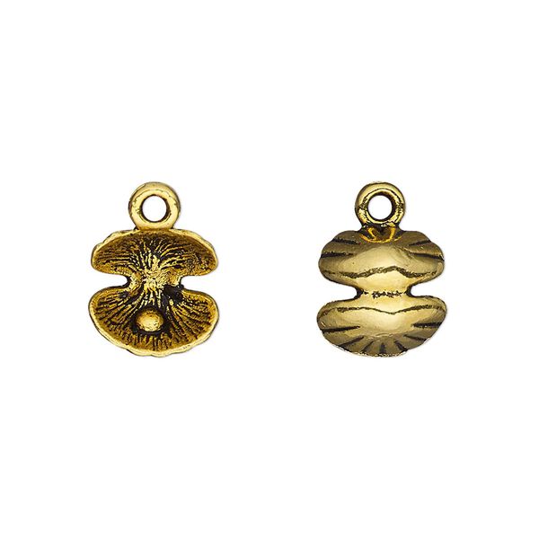 Charm, antique gold-finished "pewter" (zinc-based alloy), 10.5mm 3D clam shell. Sold per pkg of 2. image number 0