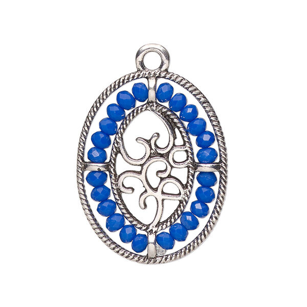 Drop, antique silver-finished "pewter" (zinc-based alloy), cobalt blue, 28x21.5mm oval with hearts and beaded border. Sold per pkg of 2. image number 0