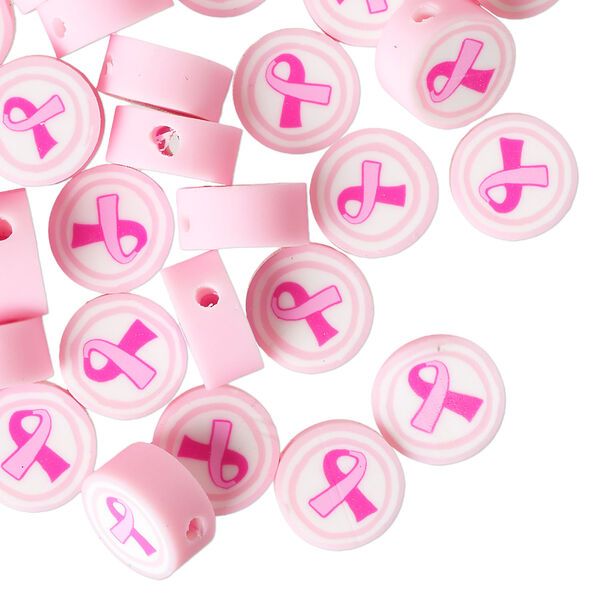 Bead 1pkg50, polymer clay, light pink / dark pink / white, 9mm flat round with awareness ribbon design image number 0