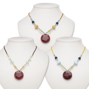 Multi-gemstone / glass / acrylic / nylon 1pkg3, round necklace 20 to 24 inch continuous loop mix 34-35mm