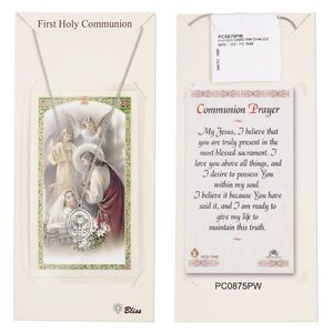 Necklace, stainless steel and Britannia pewter (tin-based alloy), 18x14mm oval with chalice, 18 inches with lobster claw clasp. Sold individually.