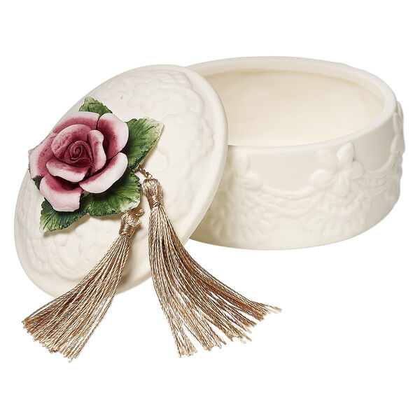 Trinket box, porcelain and nylon, multicolored, 3-3/4 x 3-inch oval with flower, leaves and tassels. Sold individually. image number 0