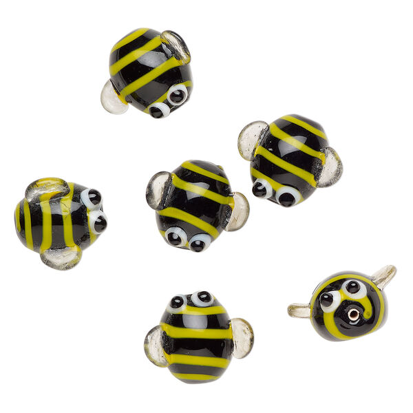 Bead, lampworked glass 1pkg6, opaque yellow / white / clear, 21x18mm bee. image number 0