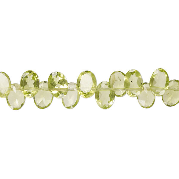 Peridot 1pkg1, hand-cut top-drilled flat-sided faceted puffed oval bead natural B+ grade, 14 inch 7x5mm image number 0