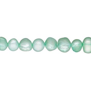 Pearl, cultured freshwater (dyed), soft green, 5-7mm flat-sided potato, D grade, Mohs hardness 2-1/2 to 4. Sold per 16-inch strand.