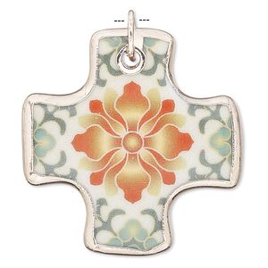 Focal, porcelain with silver-plated copper and steel, orange / yellow / green, 39x39mm single-sided flat cross with flower decal. Sold individually.
