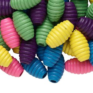 Bead mix, painted Korean boxwood, mixed colors, 20x11mm fluted oval. Sold per 1/4 pound pkg, approximately 120 beads.