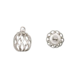 Drop, imitation nickel-plated steel and brass, 11x9mm swirled round bead cage. Sold per pkg of 100.