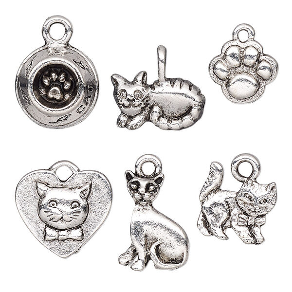Charm, antique silver-plated pewter (tin-based alloy), 10.5x9mm-15x11mm single-sided assorted cat theme. Sold per pkg of 6. image number 0