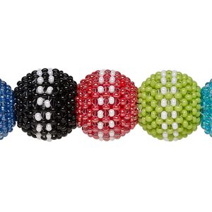 Bead, glass, opaque multicolored, 13mm round with dual vertical stripe design. Sold per pkg of 12.