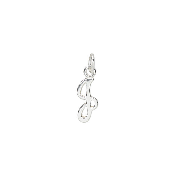 Charm, sterling silver, 11x6mm Champagne cursive alphabet letter "J." Sold individually. image number 0