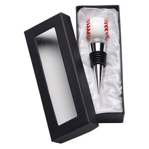 Bottle stopper, lampworked glass / rubber / silver-plated "pewter" (zinc-based alloy), multicolored, 4 x 1-1/4 inches with baseball. Sold individually.