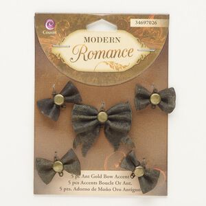 Focal and link assortment, antique gold-finished brass, dark brown, (4) 22x15mm and (1) 33x28mm mesh bowtie. Sold per pkg of 5.