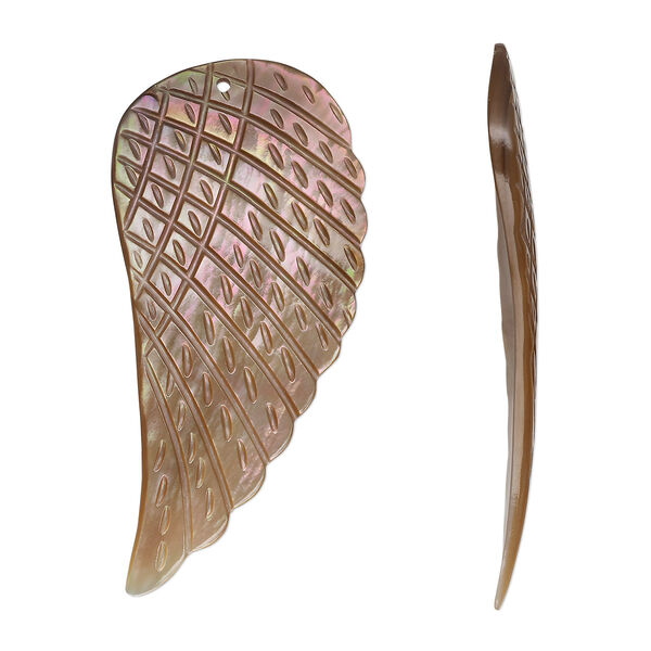 Focal, penguin wing oyster shell (natural), 50x24mm-52x26mm single-sided hand-cut carved wing, Mohs hardness 3-1/2. Sold individually. image number 0