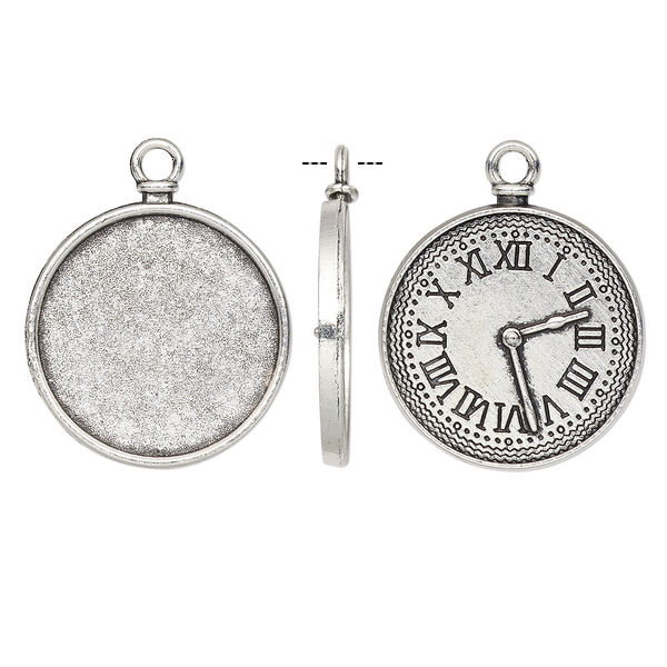 Drop, antique silver-finished "pewter" (zinc-based alloy), 28mm two-sided round with watch face and 25mm non-calibrated round setting. Sold individually. image number 0