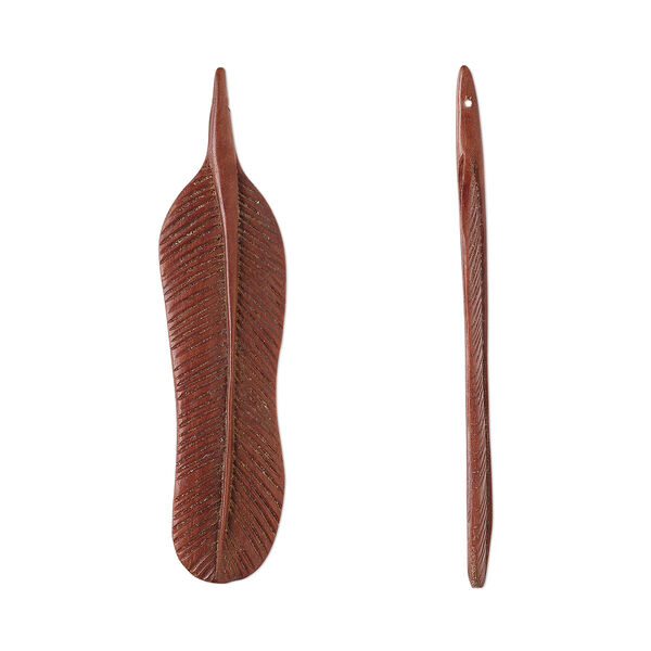 Focal, sawo wood, 2-1/2 x 2/3 inch hand-cut side-drilled 2-sided carved feather. Sold individually. image number 0