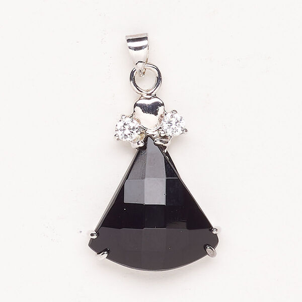 Pendant brass glass 1pk 30x20mm-31x20mm triangle, silver finish black clear image number 0