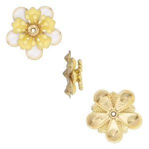 Component, epoxy and gold-finished copper, white and yellow, 19mm center-drilled single-sided flower. Sold per pkg of 2.