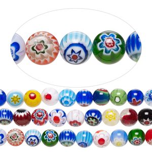 Bead mix, millefiori glass, opaque and translucent multicolored, 10mm round with 0.6-0.8mm hole. Sold per pkg of (3) 14-inch strands.