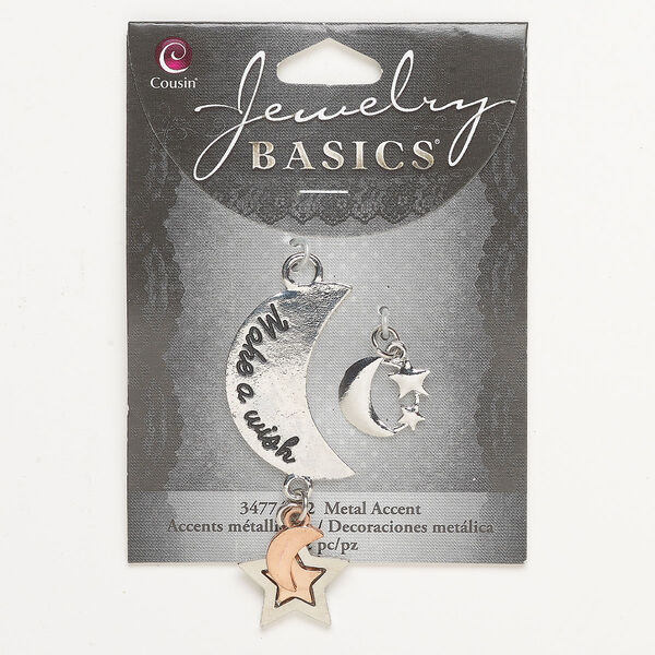 Charm assortment, steel, pkg/2, mixed antique finishes, 63x23mm / 16x15mm moon and stars. image number 0