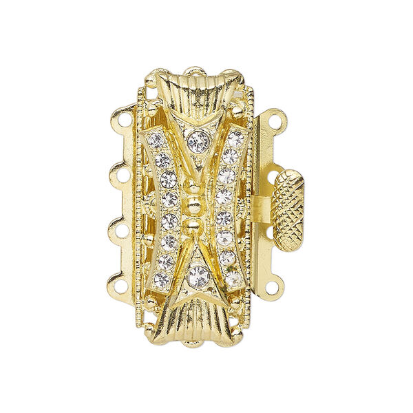 Clasp, 4-strand tab, gold-finished brass and glass, clear, 31x16mm fancy rectangle. Sold individually. image number 0