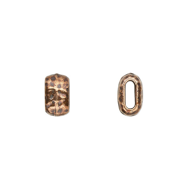 Bead, TierraCast®, antique copper-plated pewter (tin-based alloy), 10x5.5mm flattened hammered barrel. Sold per pkg of 4. image number 0