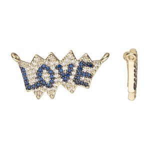Connector, cubic zirconia and gold-finished brass, clear and dark blue, 20.5x12mm single-sided "LOVE." Sold individually.