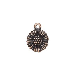 Charm, antique copper-plated pewter (tin-based alloy), 13mm single-sided daisy. Sold per pkg of 2.