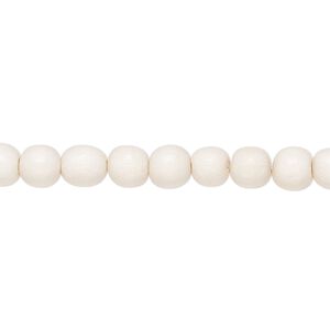 Bead, Taiwanese cheesewood (dyed / waxed), white, 5-6mm round. Sold per pkg of (2) 15-1/2" to 16" strands.