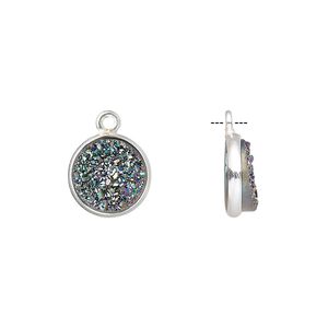 Druzy agate / sterling silver 1pkg1, electrocoated hand-cut flat round drop 11mm